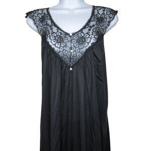 Vintage Black Nylon Lace Full Nightgown Floral Detailing Pearl Buttons Womens M
